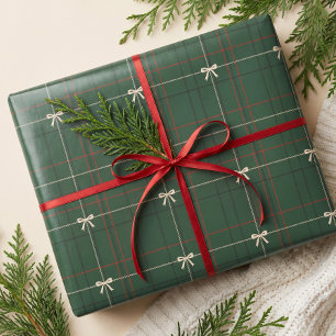 Bold Modern Bow Red & Green Pinstripe Tartan Plaid Wrapping Paper