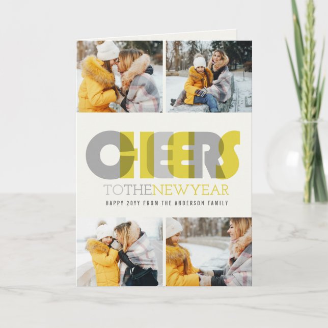 Bold Modern Cheers To The New Year 4 Photo Collage Holiday Card (Front)