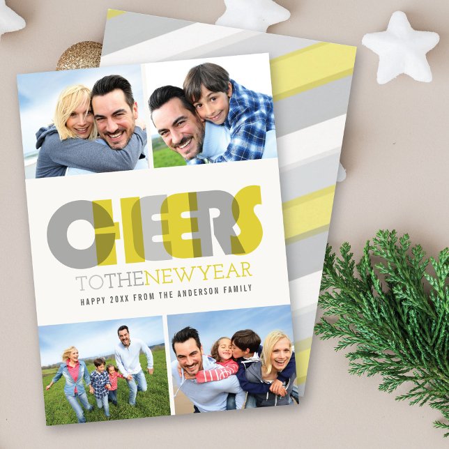 Bold Modern Cheers To The New Year 4 Photo Collage Holiday Card (Creator Uploaded)