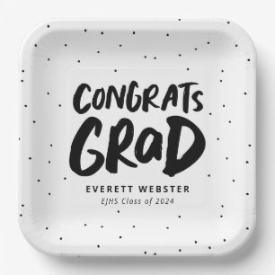 Bold modern congrats grad black graduation party paper plate
