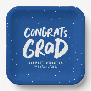 Bold modern congrats grad blue graduation party paper plate