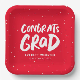 Bold modern congrats grad red graduation party paper plate