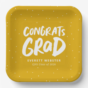 Bold modern congrats grad yellow graduation party paper plate