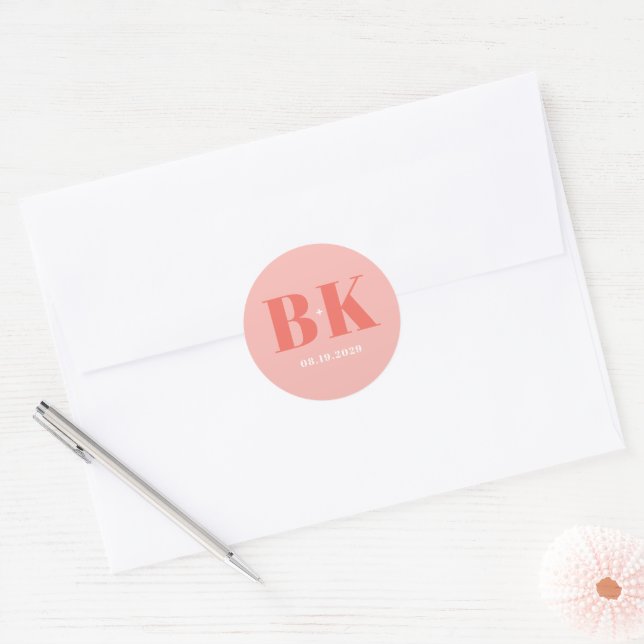 Bold Modern Coral and Pink Monogram Wedding Classic Round Sticker (Envelope)