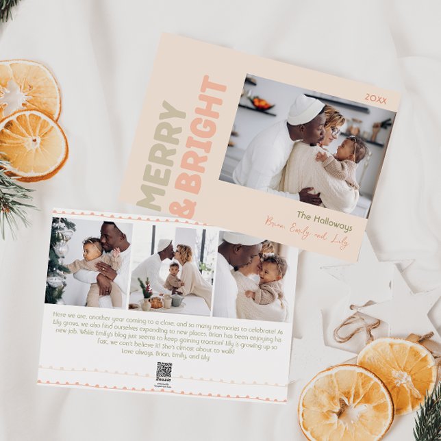 Bold Modern Coral Merry And Bright Four Photo Holiday Card (Creator Uploaded)