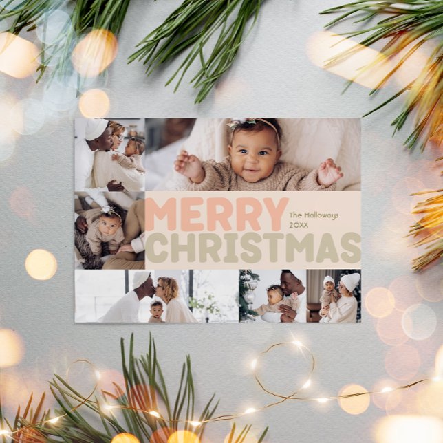 Bold Modern Coral Merry Christmas Six-Photo Holiday Card (Creator Uploaded)