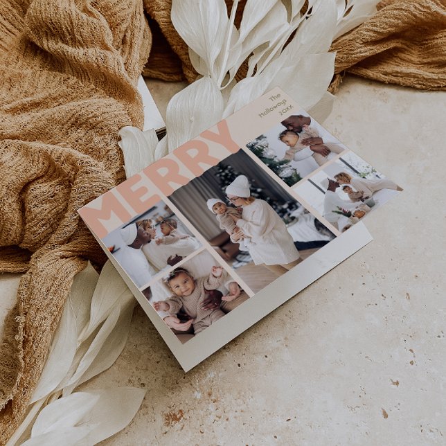 Bold Modern Coral Merry Folded Five Photo Holiday Card (Creator Uploaded)