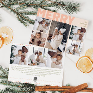 Bold Modern Coral Merry Year In Review Eight Photo Holiday Card