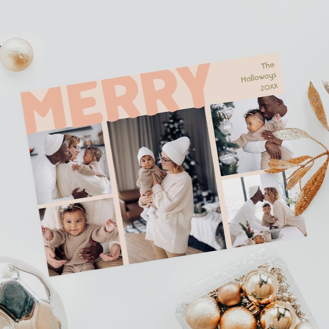 Bold Modern Coral Merry Year In Review Five Photo Holiday Card (Creator Uploaded)