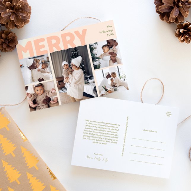 Bold Modern Coral Merry Year in Review Five Photo Holiday Postcard (Creator Uploaded)