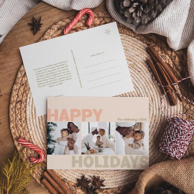 Bold Modern Coral Year in Review Three Photo Happy Holiday Postcard (Creator Uploaded)