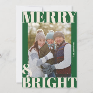 Bold Modern Dark Green White Merry & Bright Photo Holiday Card