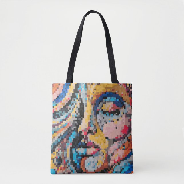 Bold modern face in colourful pixels tote bag (Front)