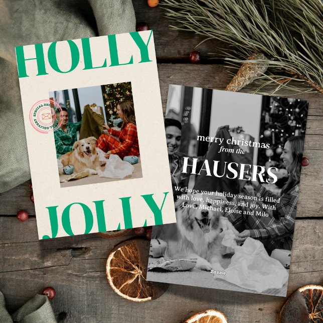 Bold Modern Family Photo Cute Stamp Holiday Card (Celebrate the season in bold style with this playful “Holly Jolly” photo card. )