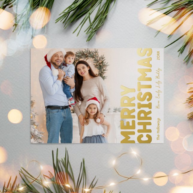 Bold Modern Full Photo Merry Christmas Gold  Foil Holiday Postcard (Creator Uploaded)
