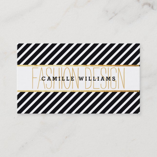 BOLD modern gold strip striped pattern black white Business Card (Front)
