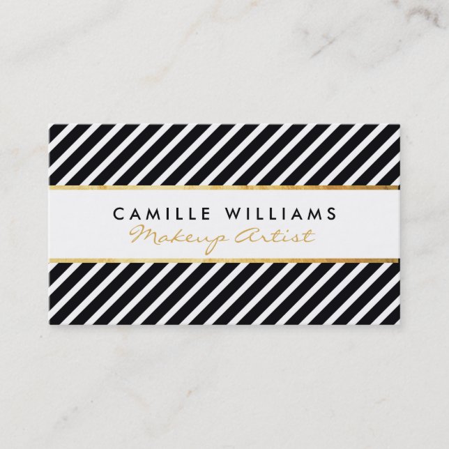 BOLD modern gold strip striped pattern black white Business Card (Front)