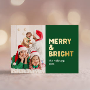 Bold Modern Green One Photo Merry and Bright Gold