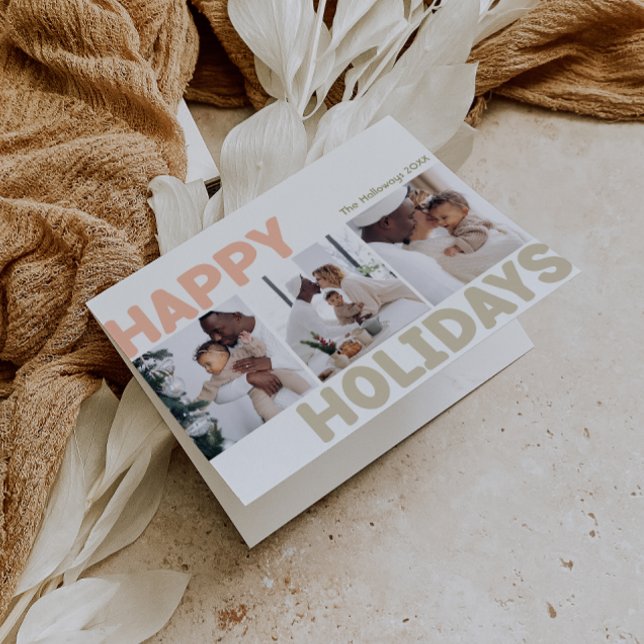 Bold Modern Happy Holidays Folded Three Photo Holiday Card (Creator Uploaded)