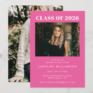 Bold Modern Hot Pink Two Photo Graduation Party Invitation