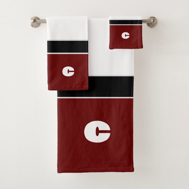 Bold Modern Maroon Striped Monogram Bath Towel Set (Insitu)