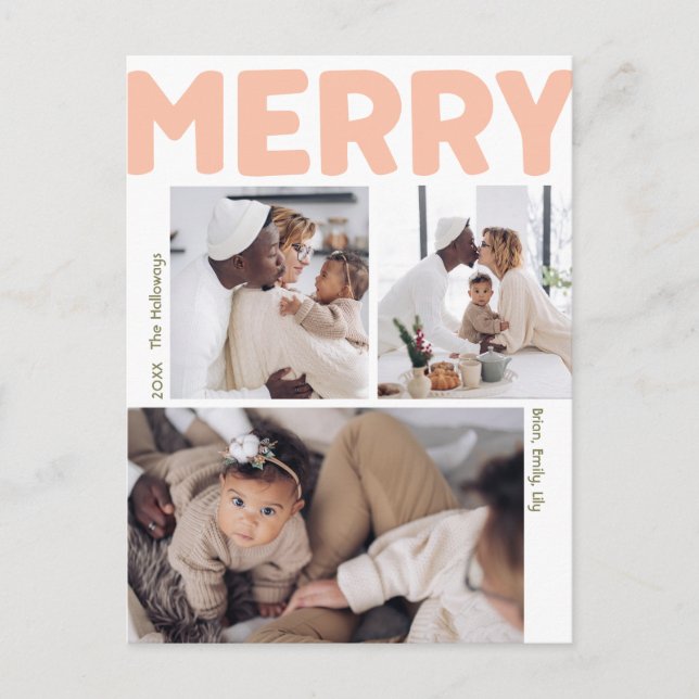 Bold Modern Merry Year In Review Vertical 3 Photo Holiday Postcard (Front)