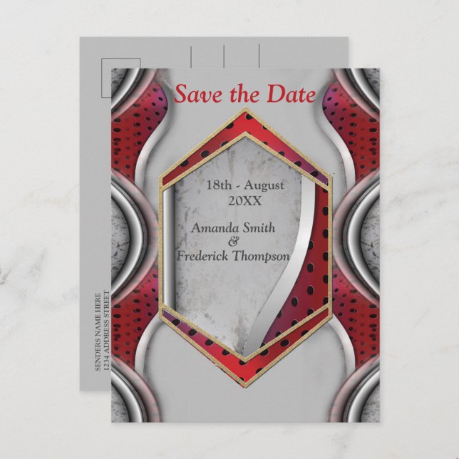 Bold Modern Metallic 3D Red Grey Texture Look Announcement Postcard (Front/Back)