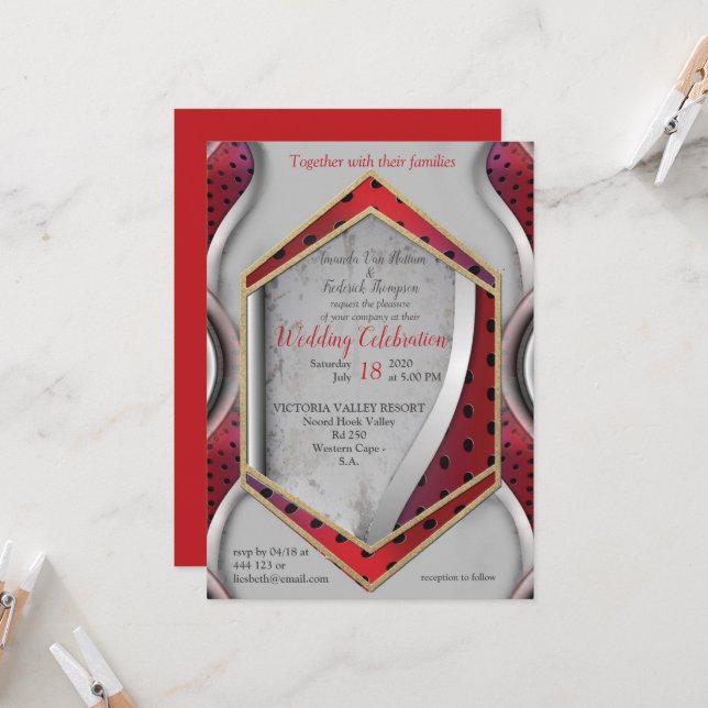Bold Modern Metallic 3D Red Grey Texture Look Invitation (Front/Back In Situ)