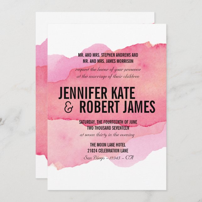 Bold MODERN Minimal Pink watercolor BLACK WEDDING Invitation (Front/Back)