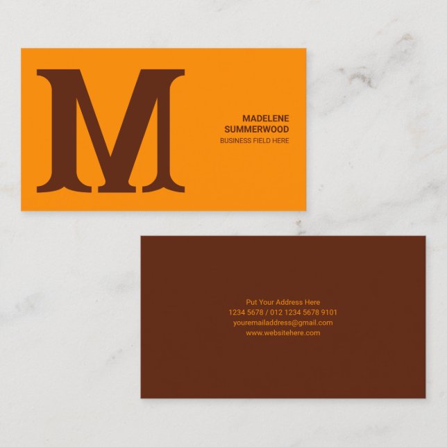 Bold & Modern Monogram in Orange & Brown Business Card (Front/Back)
