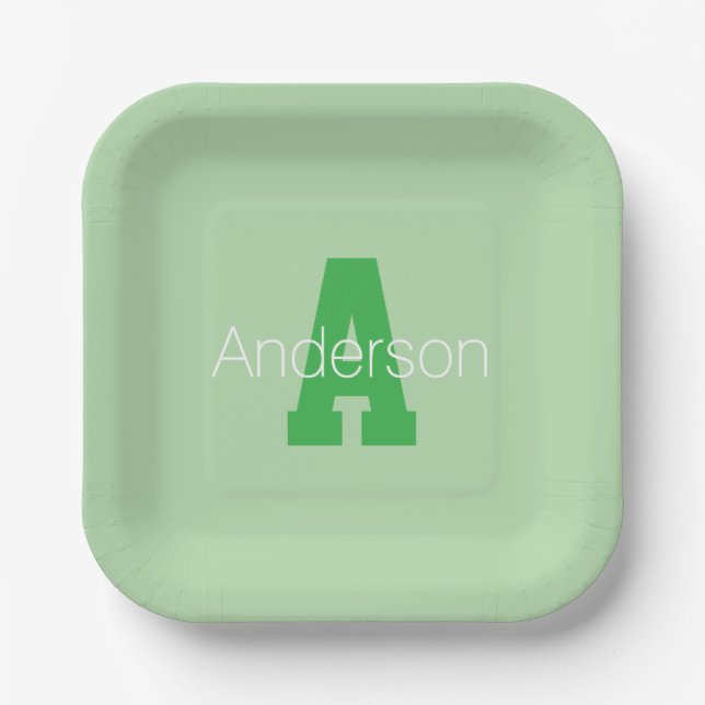 Bold Modern Monogram | Pale & Kelly Green Paper Plate (Front)