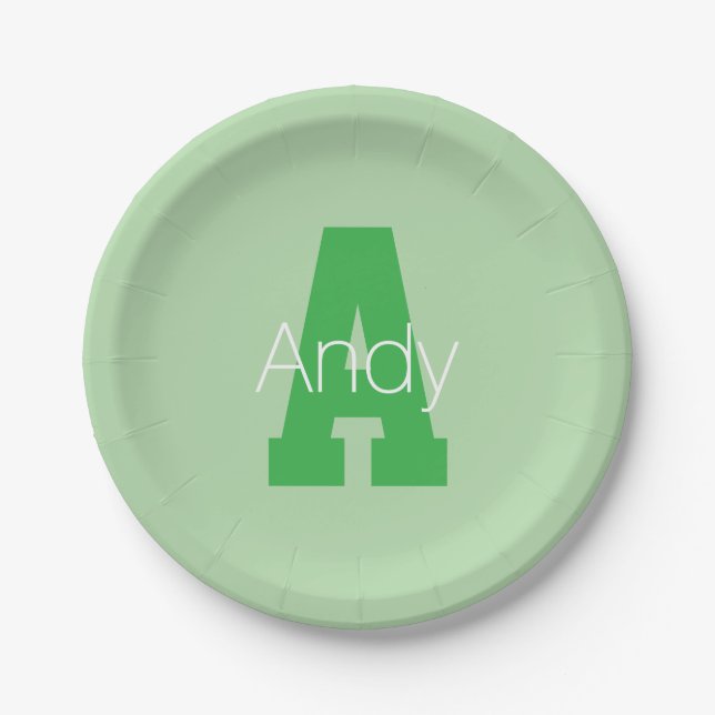 Bold Modern Monogram | Pale & Kelly Green Paper Plate (Front)