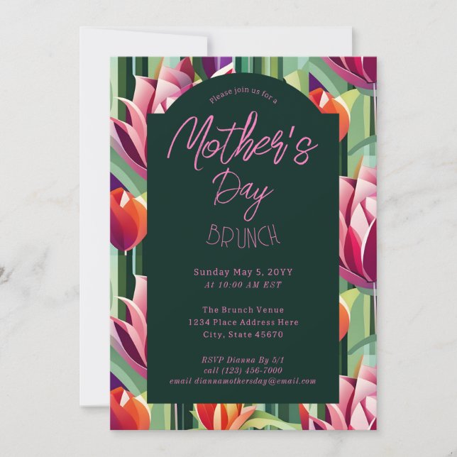  Bold Modern Mother’s Day Tulip Green Pink Brunch Invitation (Front)
