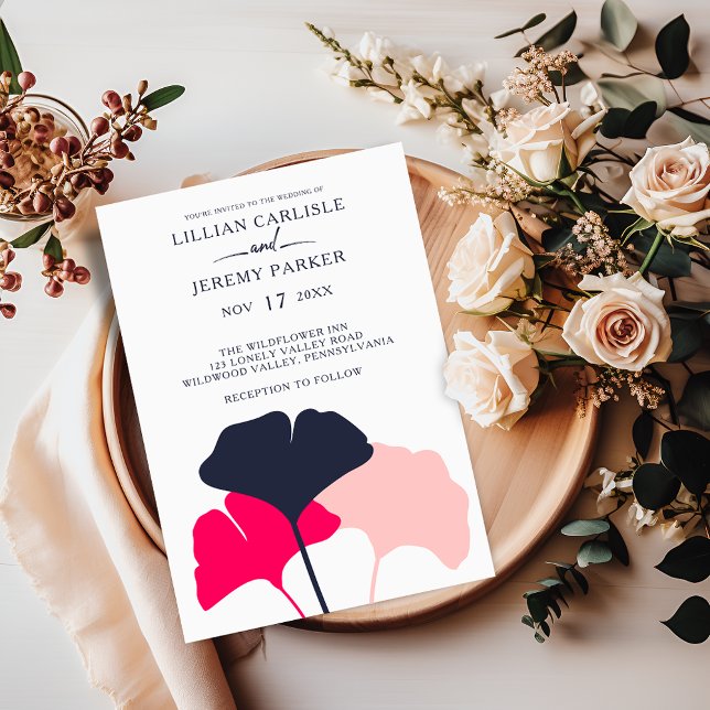 Bold Modern Navy and Pink Ginkgo Leaves Wedding Invitation (Creator Uploaded)