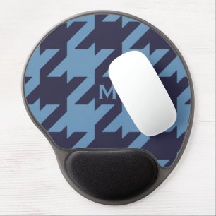 Bold modern navy blue houndstooth with monogram gel mouse pad