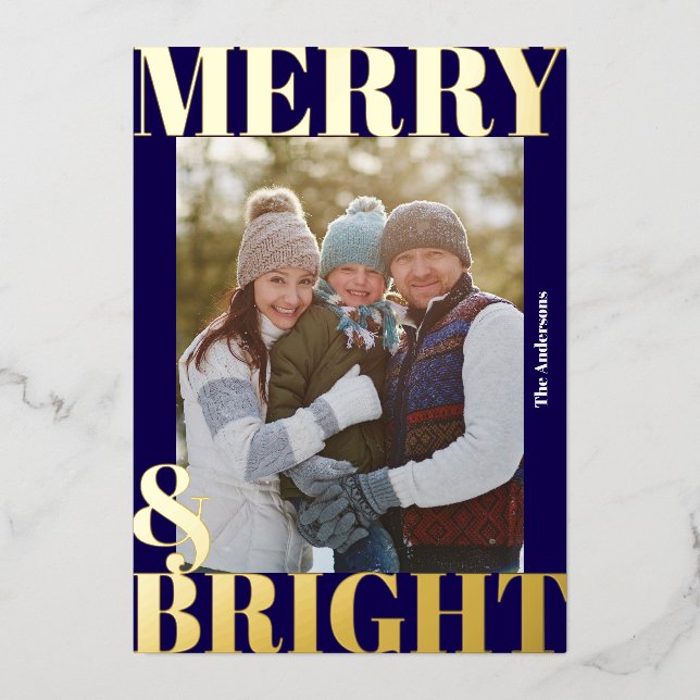Bold Modern Navy Blue Merry & Bright Photo (Front)