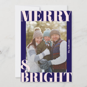 Bold Modern Navy Blue Pink Merry & Bright Photo Holiday Card