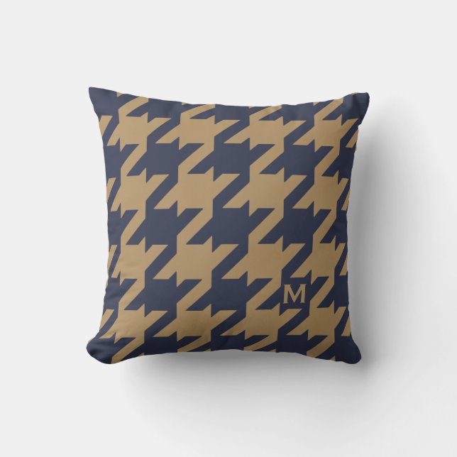 Bold modern navy brown houndstooth with monogram cushion (Front)