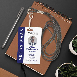 Bold Modern Navy Circle Photo Press Pass & Logo ID Badge