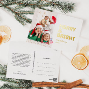 Bold Modern One Photo Merry and Bright Gold  Foil Holiday Postcard