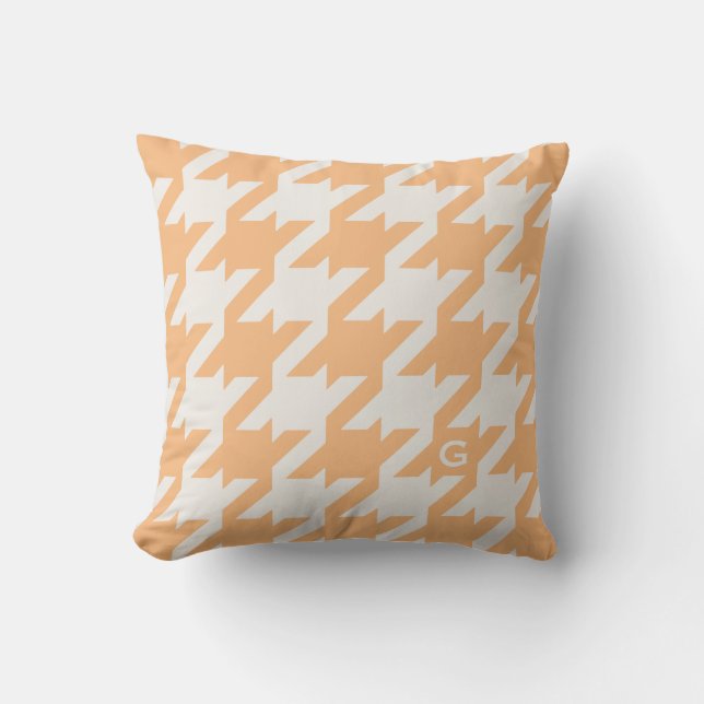 Bold modern orange houndstooth with monogram cushion (Front)
