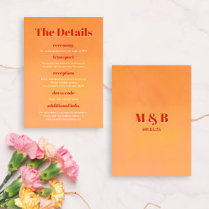Bold Modern Orange Sunset Monogram Wedding Details Enclosure Card