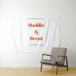 Bold Modern Orange Typography Wedding Backdrop Tapestry