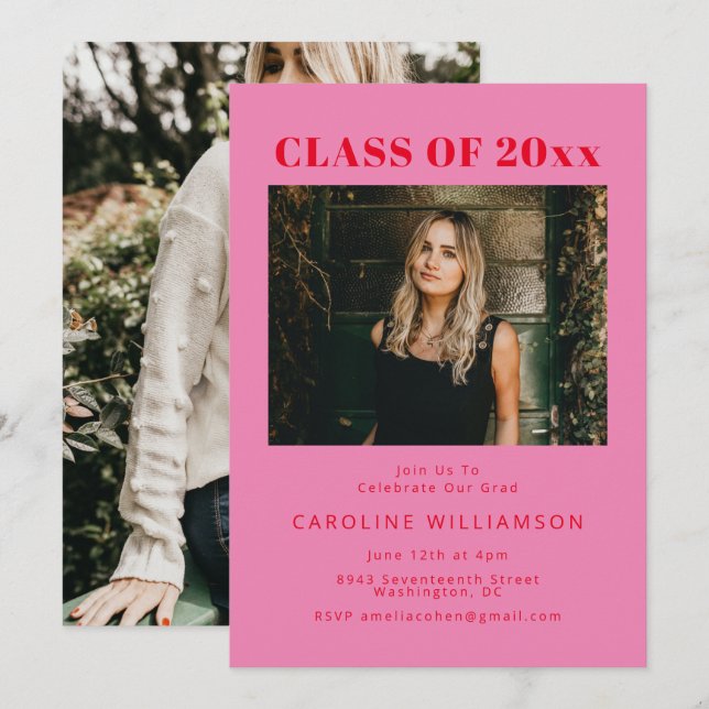 Bold Modern Pink Red Two Photo Graduation Party Invitation (Front/Back)