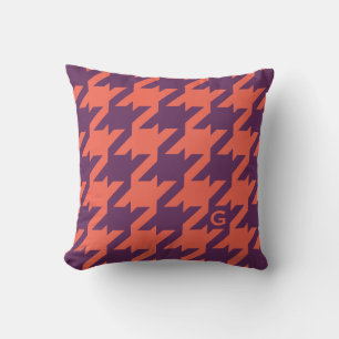 Bold modern purple orange houndstooth monogram cushion