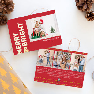Bold Modern Red Four-Photo Merry and Bright Gold
