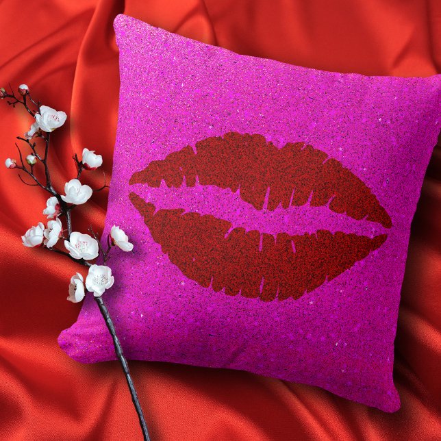 Bold modern red lips on pink glitter background cushion (Creator Uploaded)