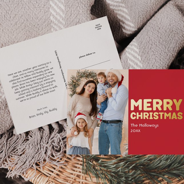 Bold Modern Red Photo Merry Christmas Gold  Foil Holiday Postcard (Creator Uploaded)