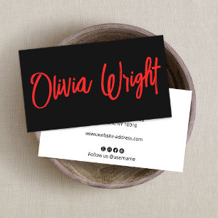 Bold Modern Red Signature Script Typography Black Business Card