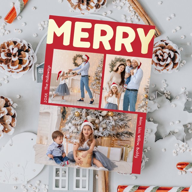 Bold Modern Red Vertical Three Photo Merry Gold (Creator Uploaded)